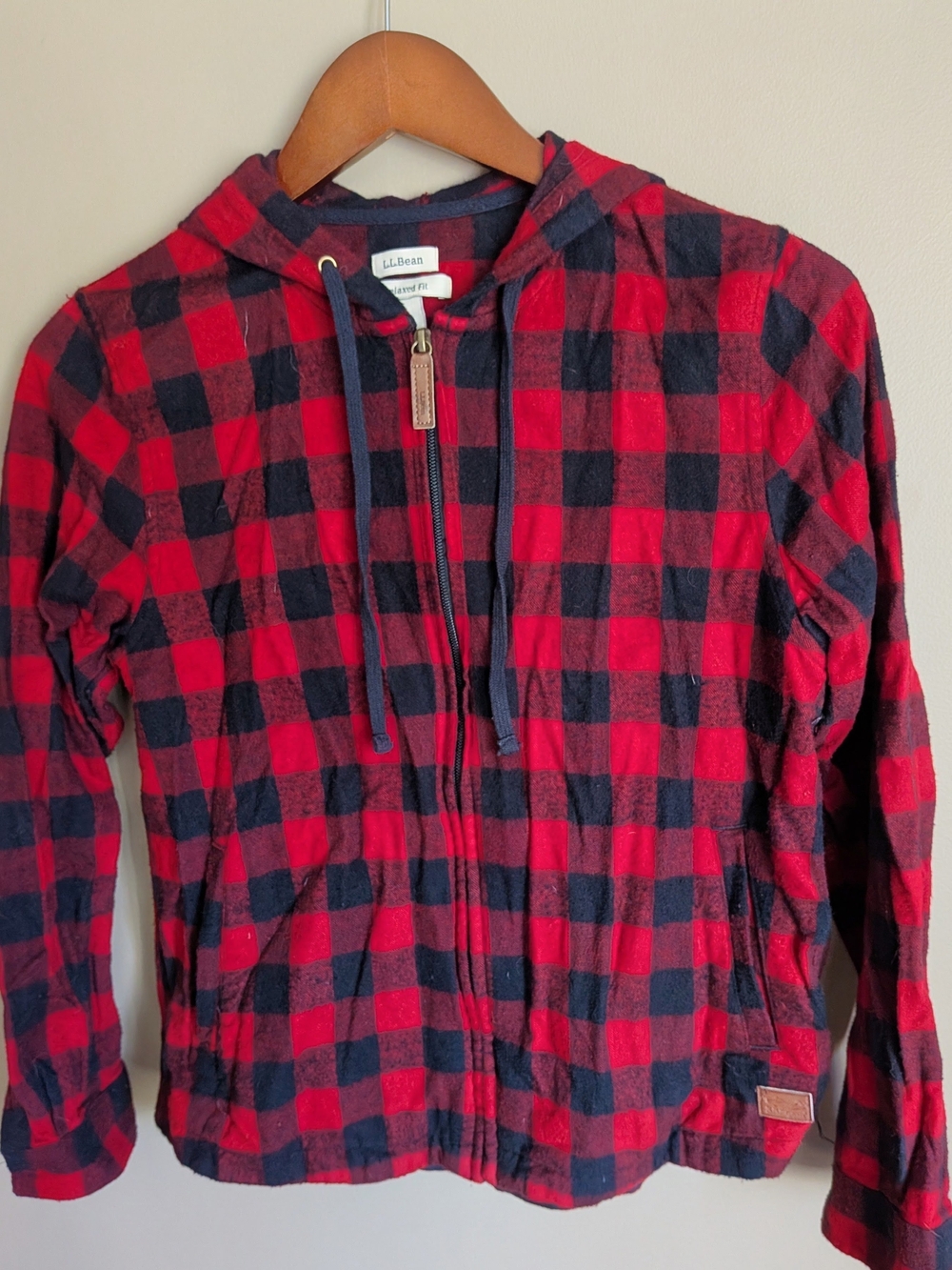 L.L. Bean Red & Black Plaid Zip Hoodie Sweater